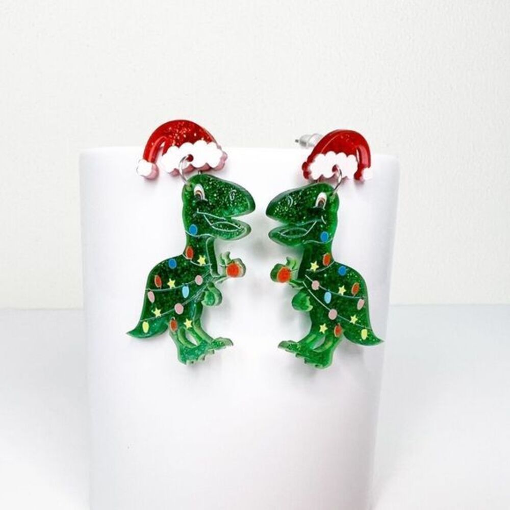 Christmas Holiday Green Acrylic Dinosaur T-Rex Santa Hat Post Earrings